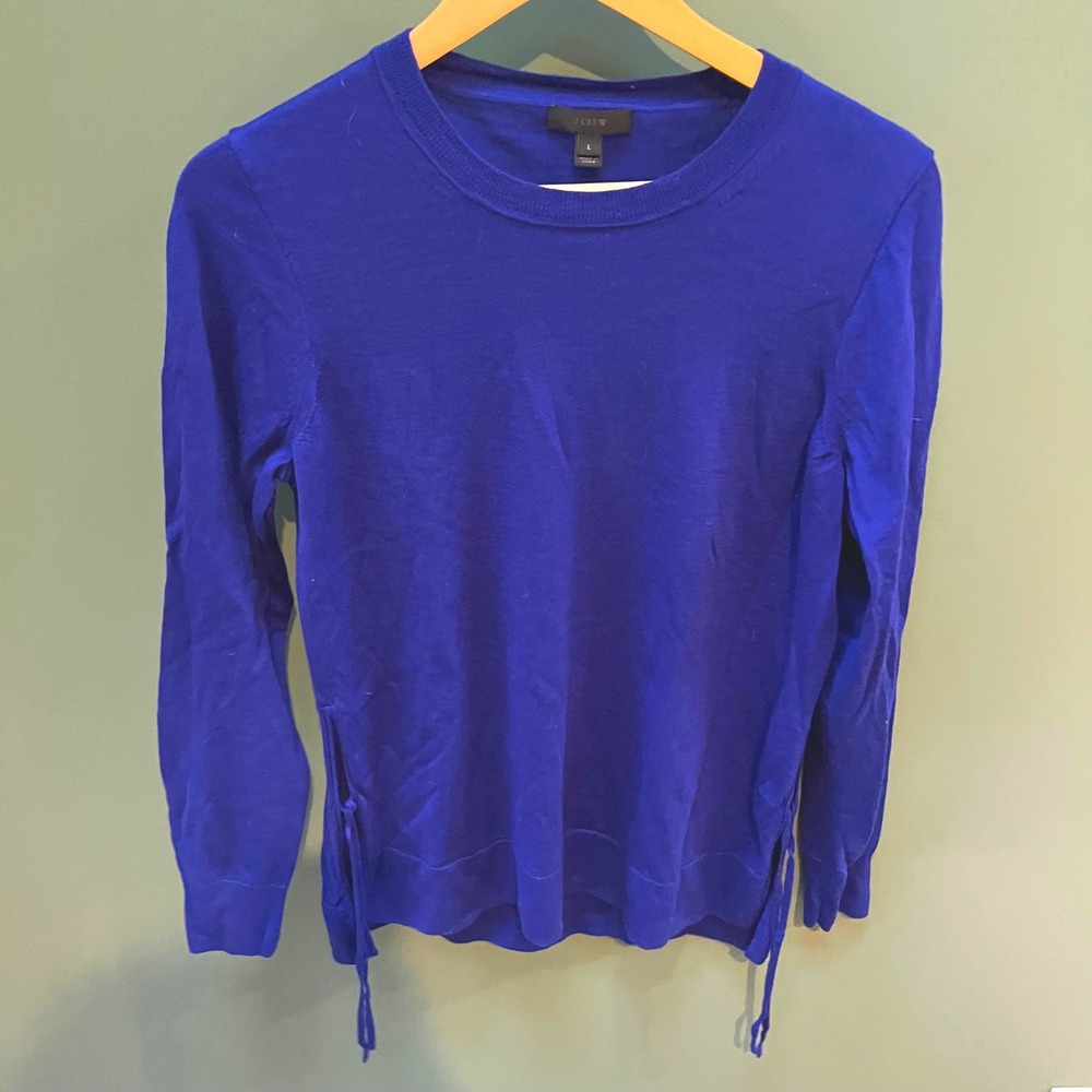 J Crew Royal Blue Merino Wool Crew Neck Sweater Lace Up Sides Women's Size L